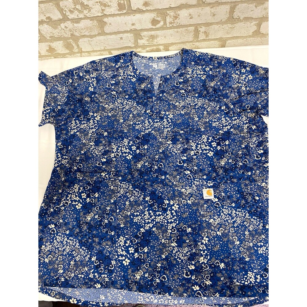 Carhartt Women's Modern Fit 2XL Floral Scrub Top Blue V-Neck Pockets Medical